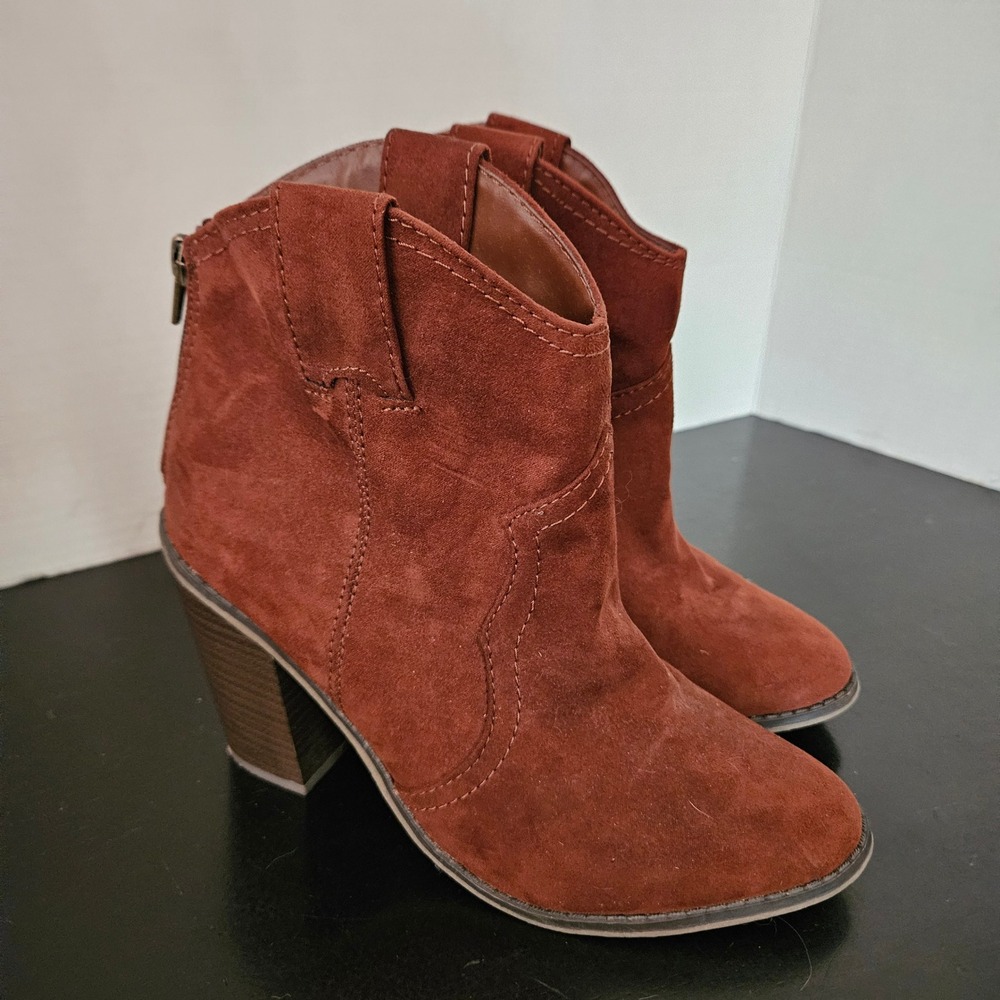 Women's Rust Faux Suede Western Block Heel Ankle Booties Size 8 Boho Cowgirl
